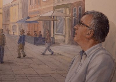 Muurschildering van straatbeeld met man